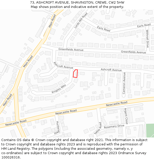 73, ASHCROFT AVENUE, SHAVINGTON, CREWE, CW2 5HW: Location map and indicative extent of plot