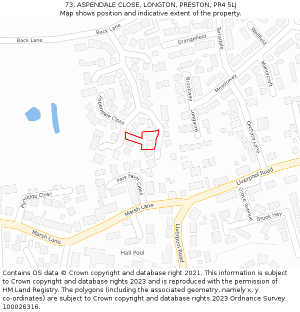 73, ASPENDALE CLOSE, LONGTON, PRESTON, PR4 5LJ: Location map and indicative extent of plot