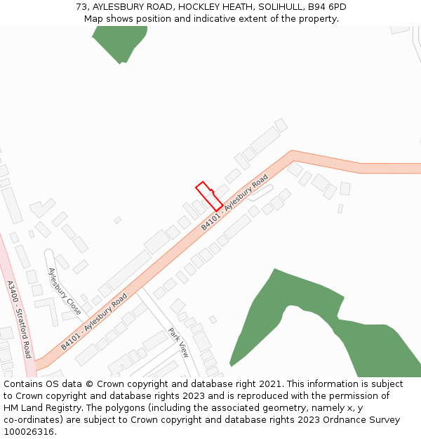 73, AYLESBURY ROAD, HOCKLEY HEATH, SOLIHULL, B94 6PD: Location map and indicative extent of plot