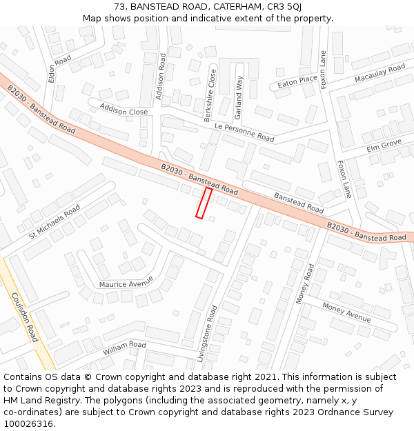 73, BANSTEAD ROAD, CATERHAM, CR3 5QJ: Location map and indicative extent of plot