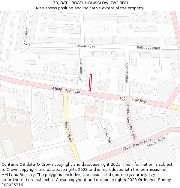 73, BATH ROAD, HOUNSLOW, TW3 3BN: Location map and indicative extent of plot