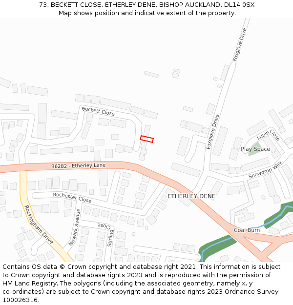 73, BECKETT CLOSE, ETHERLEY DENE, BISHOP AUCKLAND, DL14 0SX: Location map and indicative extent of plot