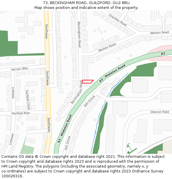 73, BECKINGHAM ROAD, GUILDFORD, GU2 8BU: Location map and indicative extent of plot