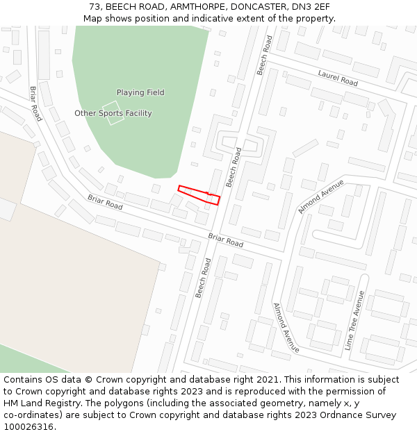73, BEECH ROAD, ARMTHORPE, DONCASTER, DN3 2EF: Location map and indicative extent of plot
