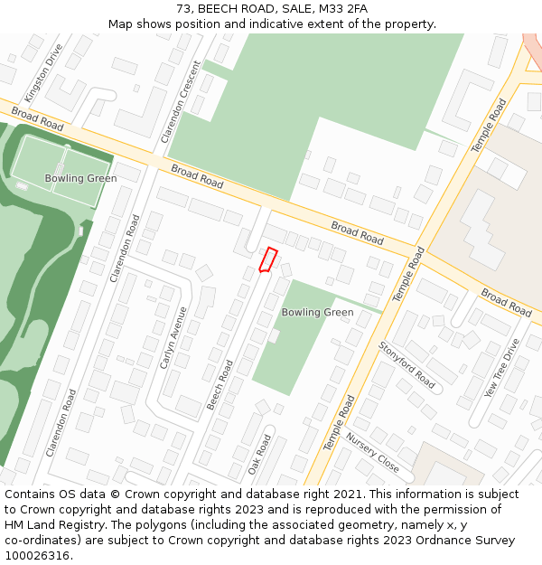 73, BEECH ROAD, SALE, M33 2FA: Location map and indicative extent of plot