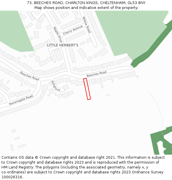 73, BEECHES ROAD, CHARLTON KINGS, CHELTENHAM, GL53 8NY: Location map and indicative extent of plot