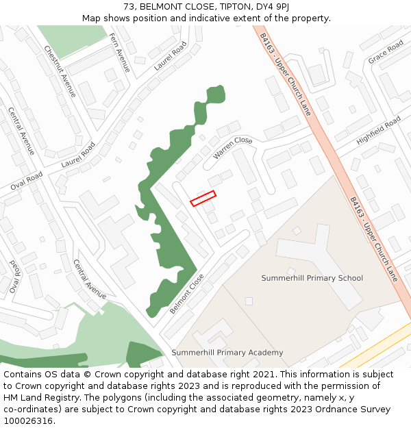 73, BELMONT CLOSE, TIPTON, DY4 9PJ: Location map and indicative extent of plot