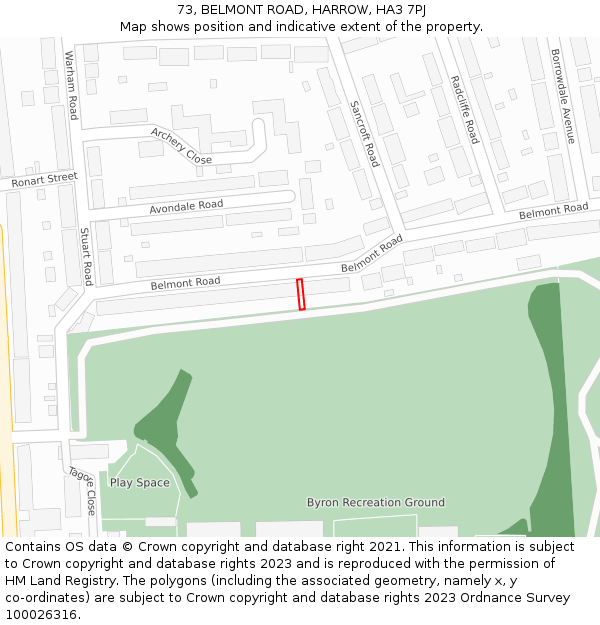 73, BELMONT ROAD, HARROW, HA3 7PJ: Location map and indicative extent of plot
