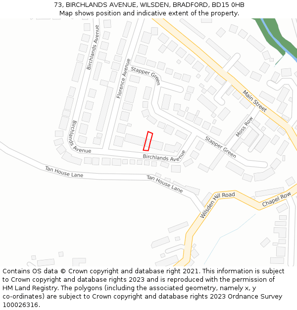 73, BIRCHLANDS AVENUE, WILSDEN, BRADFORD, BD15 0HB: Location map and indicative extent of plot