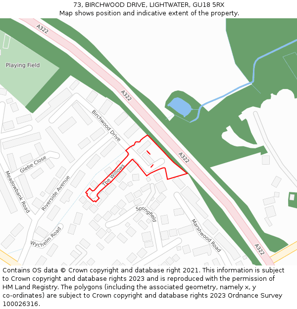 73, BIRCHWOOD DRIVE, LIGHTWATER, GU18 5RX: Location map and indicative extent of plot