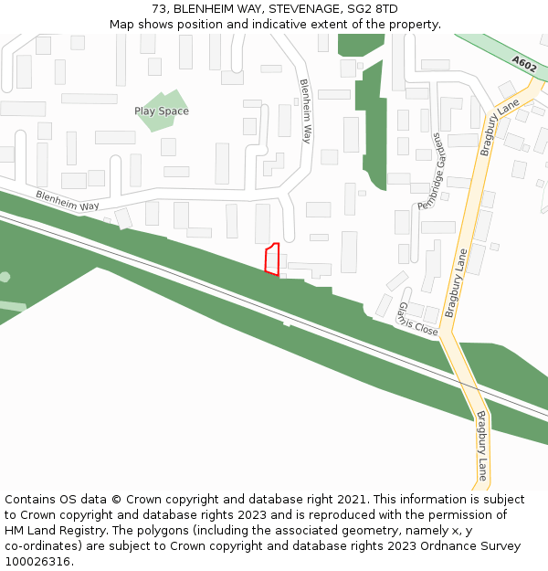 73, BLENHEIM WAY, STEVENAGE, SG2 8TD: Location map and indicative extent of plot