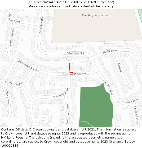 73, BORROWDALE AVENUE, GATLEY, CHEADLE, SK8 4QQ: Location map and indicative extent of plot