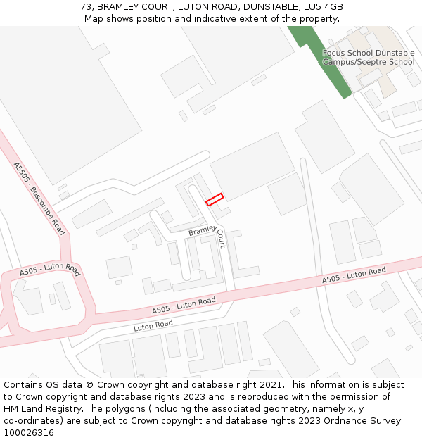 73, BRAMLEY COURT, LUTON ROAD, DUNSTABLE, LU5 4GB: Location map and indicative extent of plot