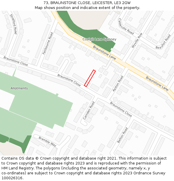 73, BRAUNSTONE CLOSE, LEICESTER, LE3 2GW: Location map and indicative extent of plot