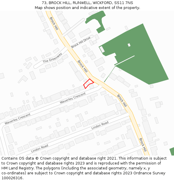 73, BROCK HILL, RUNWELL, WICKFORD, SS11 7NS: Location map and indicative extent of plot