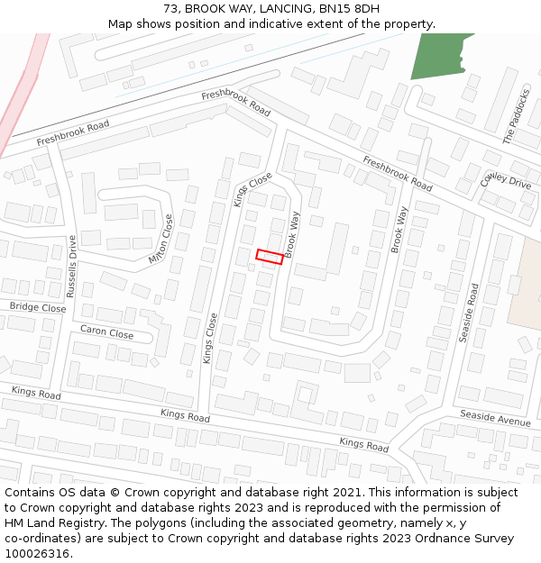 73, BROOK WAY, LANCING, BN15 8DH: Location map and indicative extent of plot