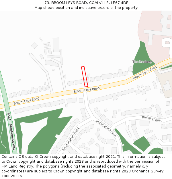 73, BROOM LEYS ROAD, COALVILLE, LE67 4DE: Location map and indicative extent of plot