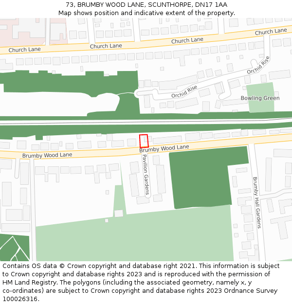 73, BRUMBY WOOD LANE, SCUNTHORPE, DN17 1AA: Location map and indicative extent of plot