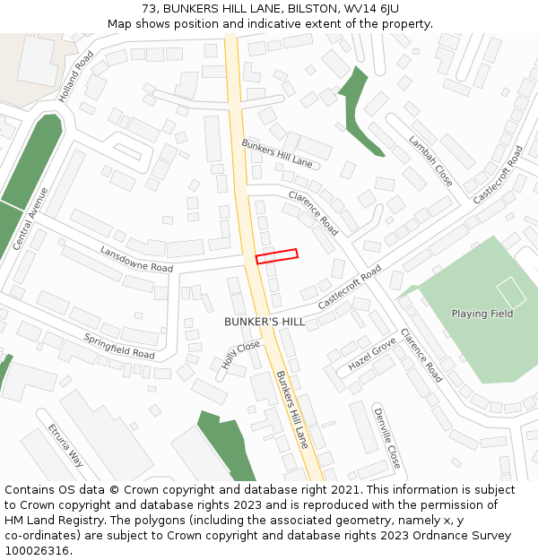 73, BUNKERS HILL LANE, BILSTON, WV14 6JU: Location map and indicative extent of plot