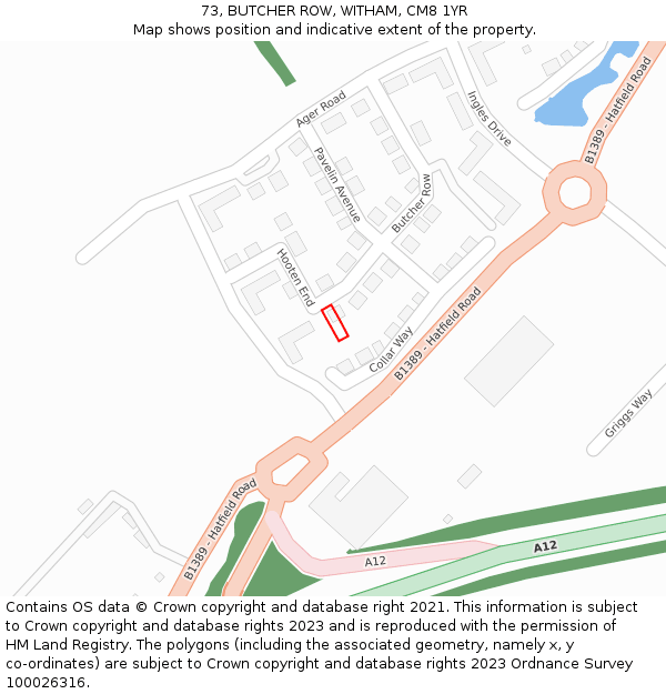 73, BUTCHER ROW, WITHAM, CM8 1YR: Location map and indicative extent of plot