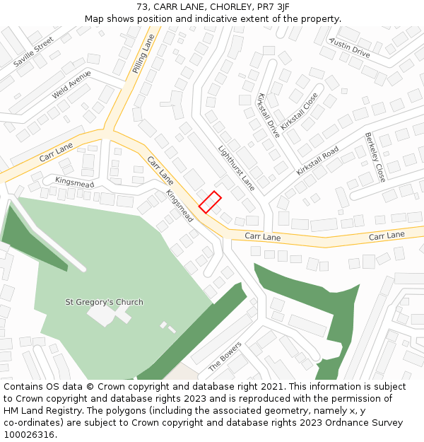 73, CARR LANE, CHORLEY, PR7 3JF: Location map and indicative extent of plot