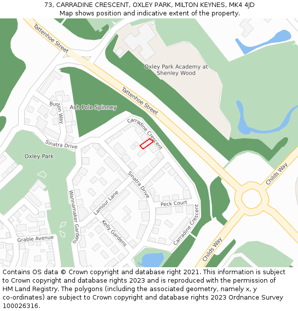 73, CARRADINE CRESCENT, OXLEY PARK, MILTON KEYNES, MK4 4JD: Location map and indicative extent of plot