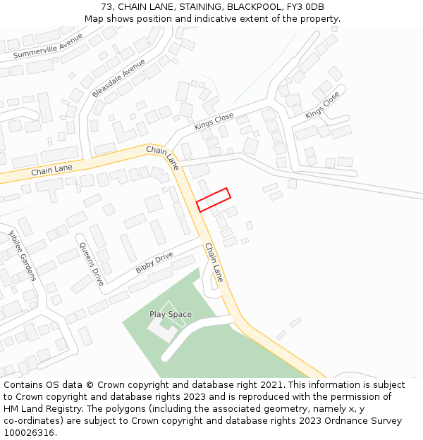 73, CHAIN LANE, STAINING, BLACKPOOL, FY3 0DB: Location map and indicative extent of plot