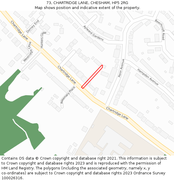 73, CHARTRIDGE LANE, CHESHAM, HP5 2RG: Location map and indicative extent of plot