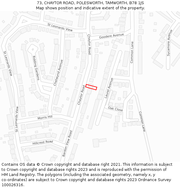 73, CHAYTOR ROAD, POLESWORTH, TAMWORTH, B78 1JS: Location map and indicative extent of plot