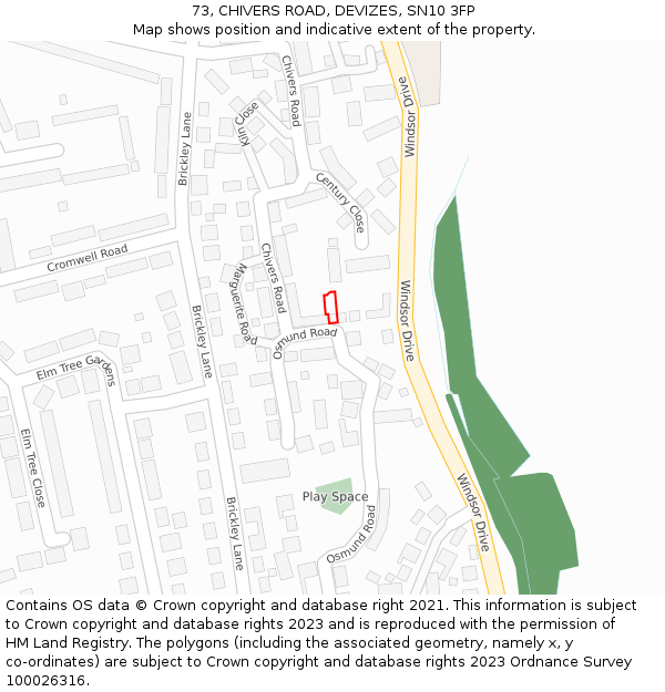 73, CHIVERS ROAD, DEVIZES, SN10 3FP: Location map and indicative extent of plot