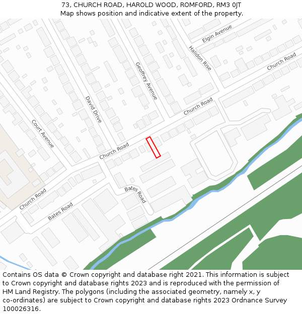 73, CHURCH ROAD, HAROLD WOOD, ROMFORD, RM3 0JT: Location map and indicative extent of plot