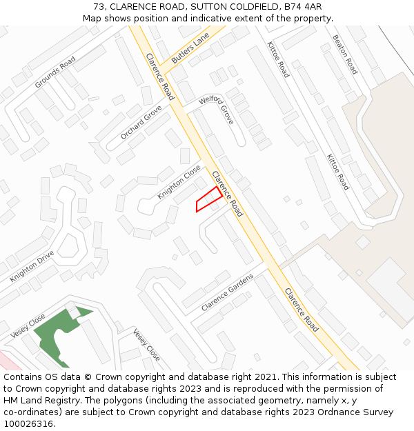 73, CLARENCE ROAD, SUTTON COLDFIELD, B74 4AR: Location map and indicative extent of plot