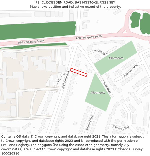 73, CLIDDESDEN ROAD, BASINGSTOKE, RG21 3EY: Location map and indicative extent of plot