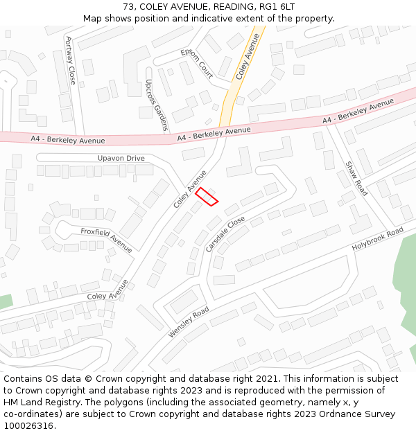 73, COLEY AVENUE, READING, RG1 6LT: Location map and indicative extent of plot
