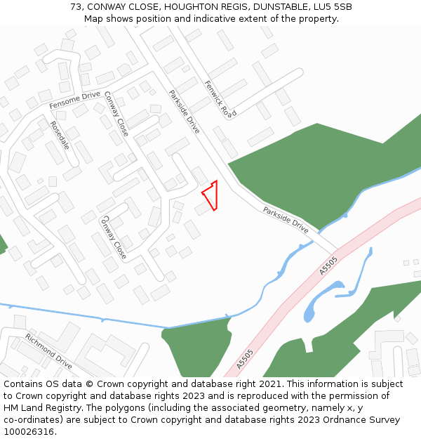 73, CONWAY CLOSE, HOUGHTON REGIS, DUNSTABLE, LU5 5SB: Location map and indicative extent of plot