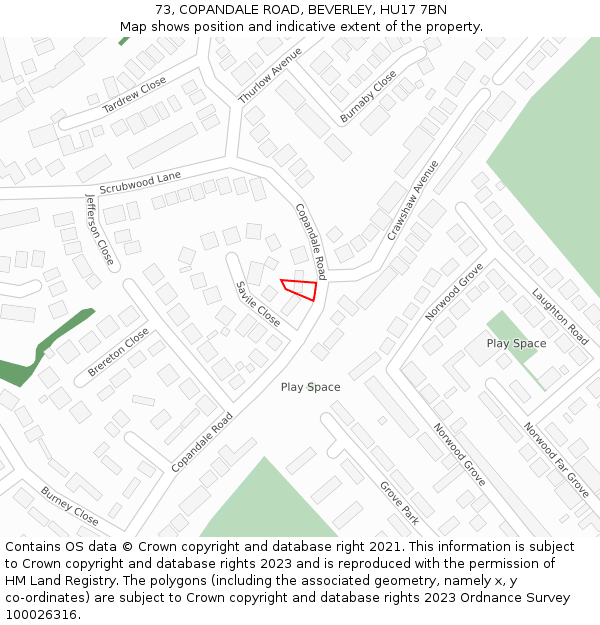 73, COPANDALE ROAD, BEVERLEY, HU17 7BN: Location map and indicative extent of plot