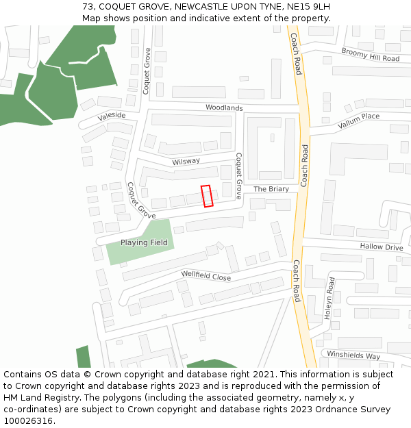 73, COQUET GROVE, NEWCASTLE UPON TYNE, NE15 9LH: Location map and indicative extent of plot