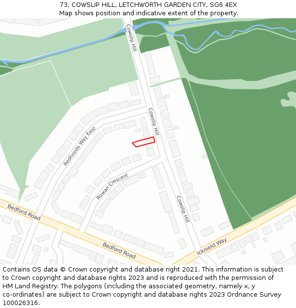 73, COWSLIP HILL, LETCHWORTH GARDEN CITY, SG6 4EX: Location map and indicative extent of plot