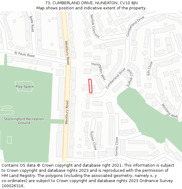 73, CUMBERLAND DRIVE, NUNEATON, CV10 8JN: Location map and indicative extent of plot