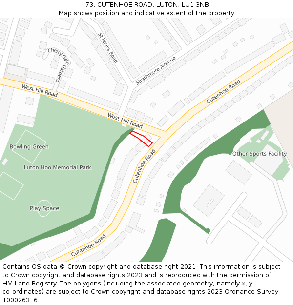 73, CUTENHOE ROAD, LUTON, LU1 3NB: Location map and indicative extent of plot