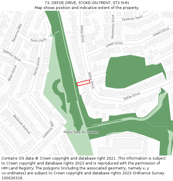 73, DEFOE DRIVE, STOKE-ON-TRENT, ST3 5HN: Location map and indicative extent of plot