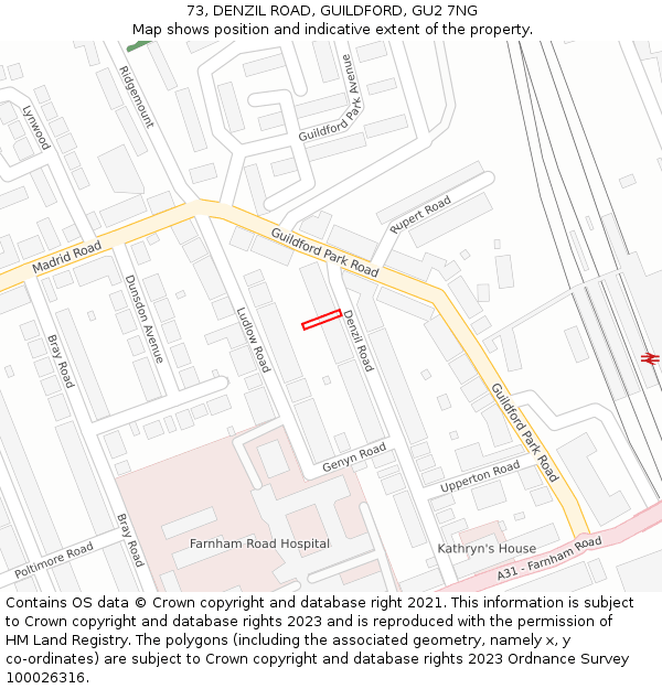 73, DENZIL ROAD, GUILDFORD, GU2 7NG: Location map and indicative extent of plot