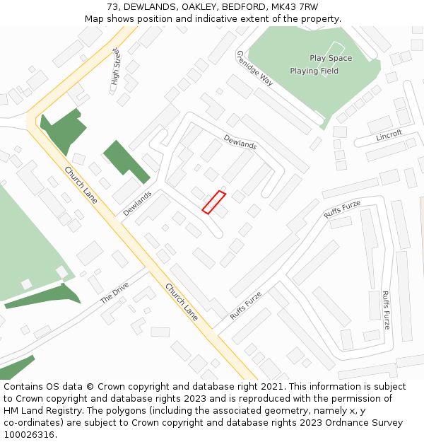 73, DEWLANDS, OAKLEY, BEDFORD, MK43 7RW: Location map and indicative extent of plot