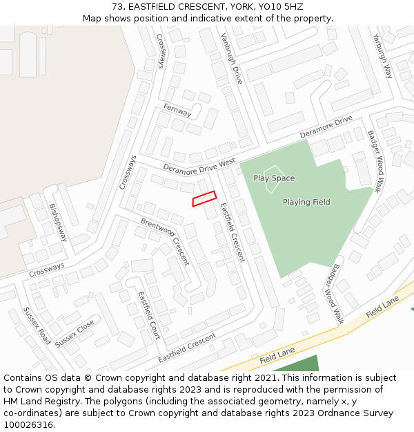 73, EASTFIELD CRESCENT, YORK, YO10 5HZ: Location map and indicative extent of plot