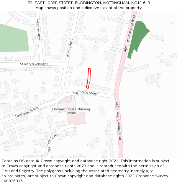 73, EASTHORPE STREET, RUDDINGTON, NOTTINGHAM, NG11 6LB: Location map and indicative extent of plot