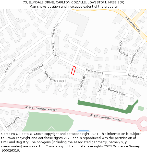 73, ELMDALE DRIVE, CARLTON COLVILLE, LOWESTOFT, NR33 8DQ: Location map and indicative extent of plot