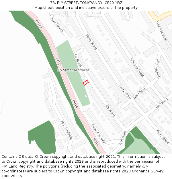 73, ELY STREET, TONYPANDY, CF40 1BZ: Location map and indicative extent of plot