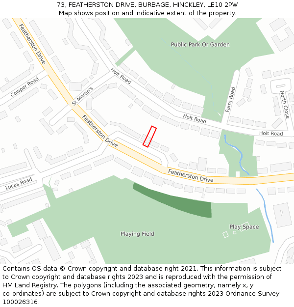 73, FEATHERSTON DRIVE, BURBAGE, HINCKLEY, LE10 2PW: Location map and indicative extent of plot