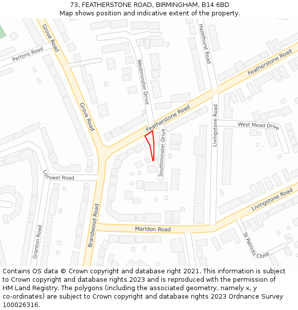 73, FEATHERSTONE ROAD, BIRMINGHAM, B14 6BD: Location map and indicative extent of plot