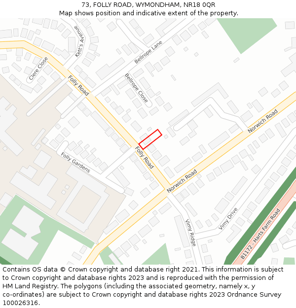 73, FOLLY ROAD, WYMONDHAM, NR18 0QR: Location map and indicative extent of plot